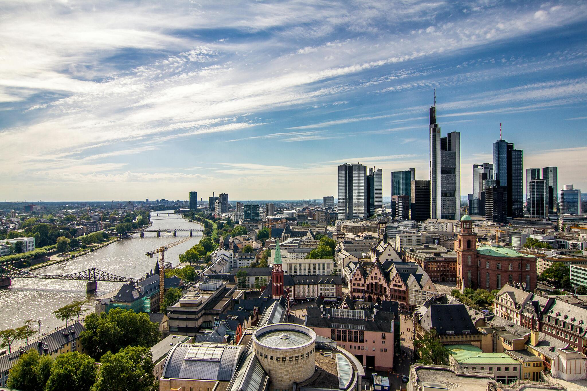 Aerial view of Frankfurt am Main with its modern skyline and the River Main